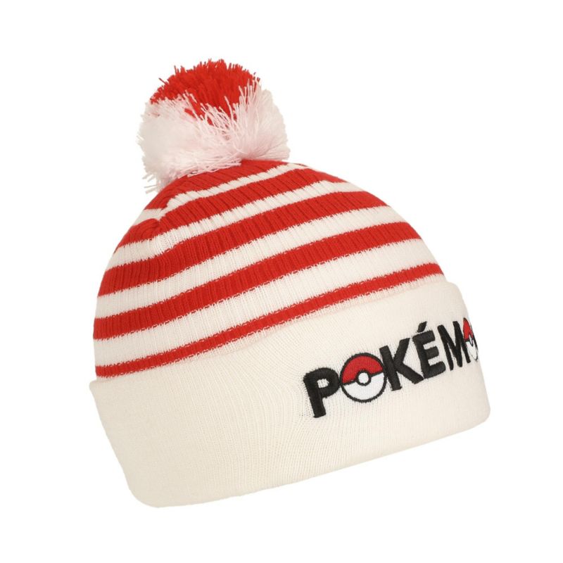 Men's Pokeball Plush Pom, Red And White Stripes Cuff Beanie
