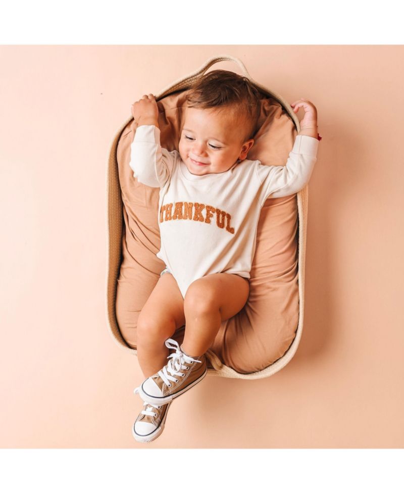 Baby Boy Thankful Patch Varsity Thanksgiving Long Sleeve Romper