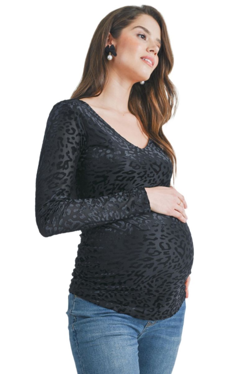Women's Leopard Print Velvet Long Sleeve Maternity Top