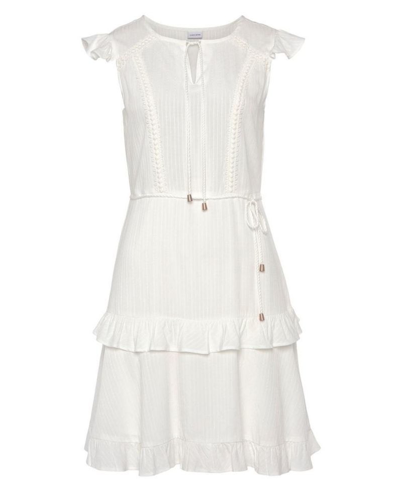 Women's Viscose Crochet Ruffle Trim A-Line Notch-Neck Short Dress