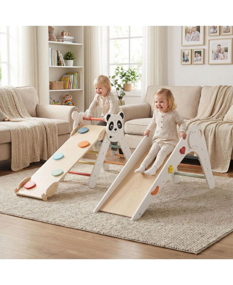 Ages 3+ Montessori Foldable 3-Piece Climbing Triangle, Slide, and Balance Bridge Set
