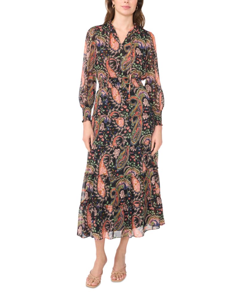 Women's Long-Sleeve Mock-Neck Tiered Maxi Dress