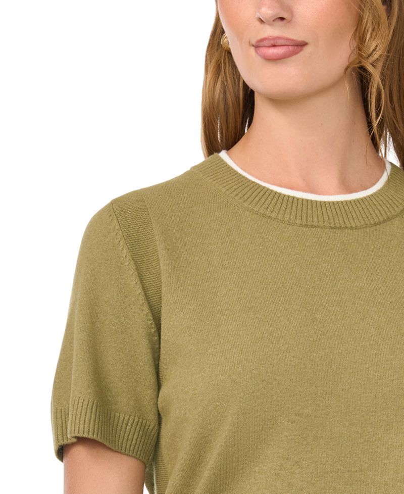 Women's Contrast-Neck Short-Sleeve Sweater