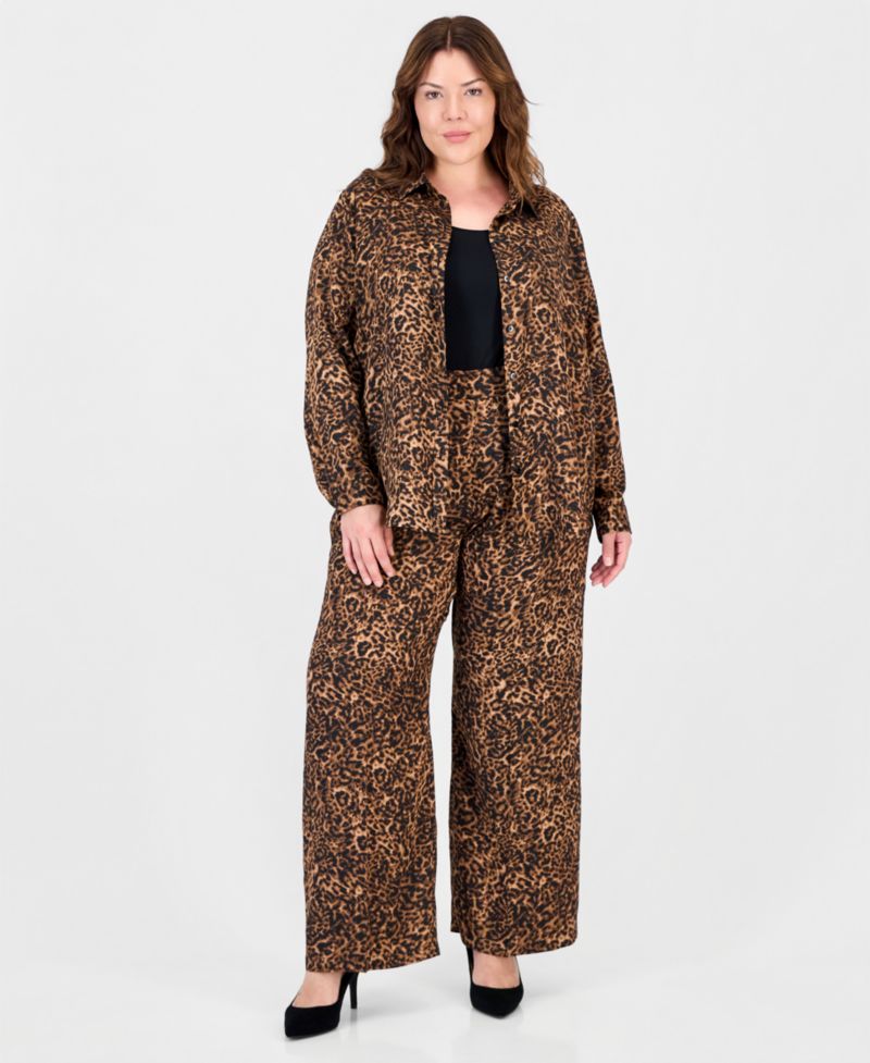 Plus Size Long-Sleeve Leopard-Print Blouse