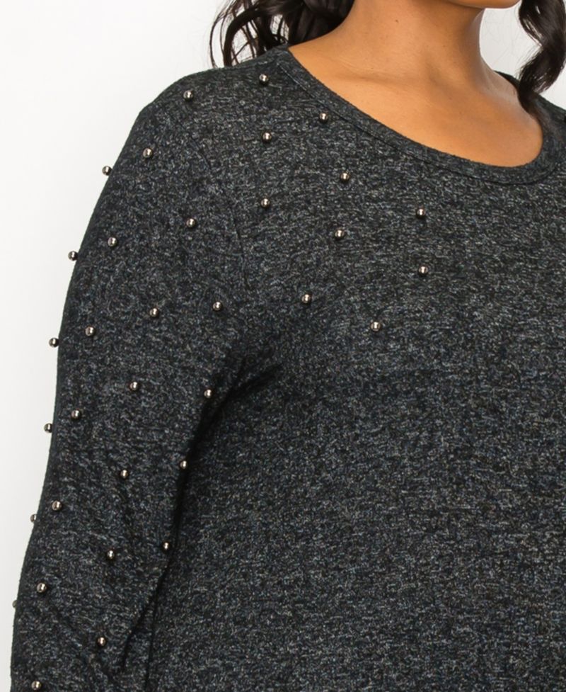 Plus Size Long Sleeve Pullover Top with Gunmetal Studs