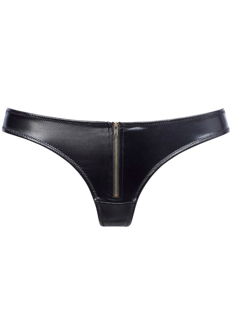 Women's Faux Leather Zip Minimal-Coverage Thong Underwear