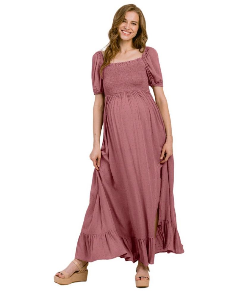 Women's Smocked Swiss Dot Maxi Dress with Side Slit
