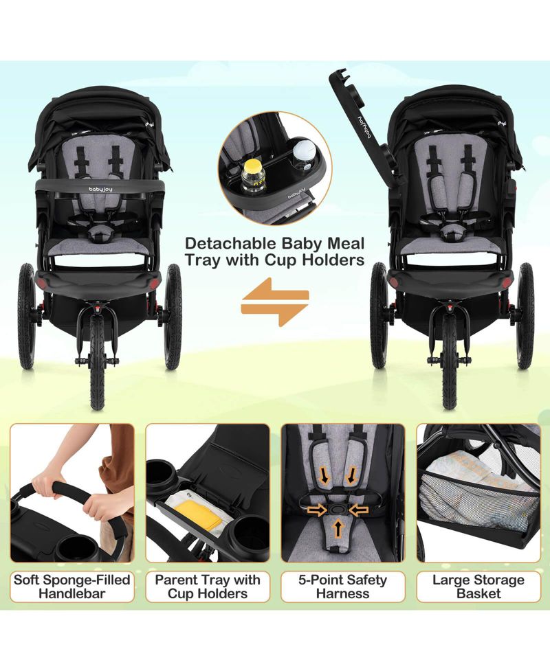 Jogging Stroller Foldable Jogger with Adjustable Canopy Detachable Tray Cup