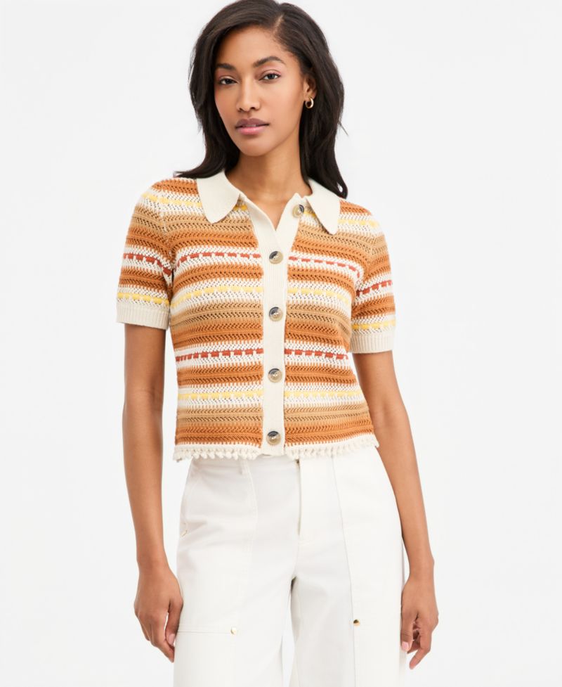 Women's Textured Stripe Short-Sleeve Collared Cardigan