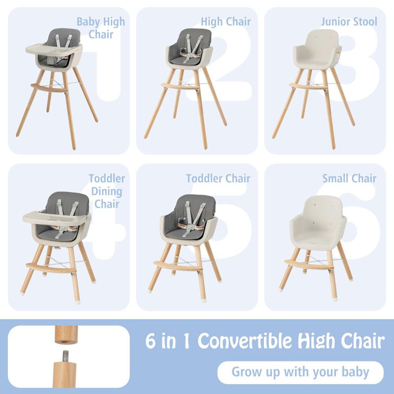 3-in-1 Convertible Wooden Baby High Chair with Cushion