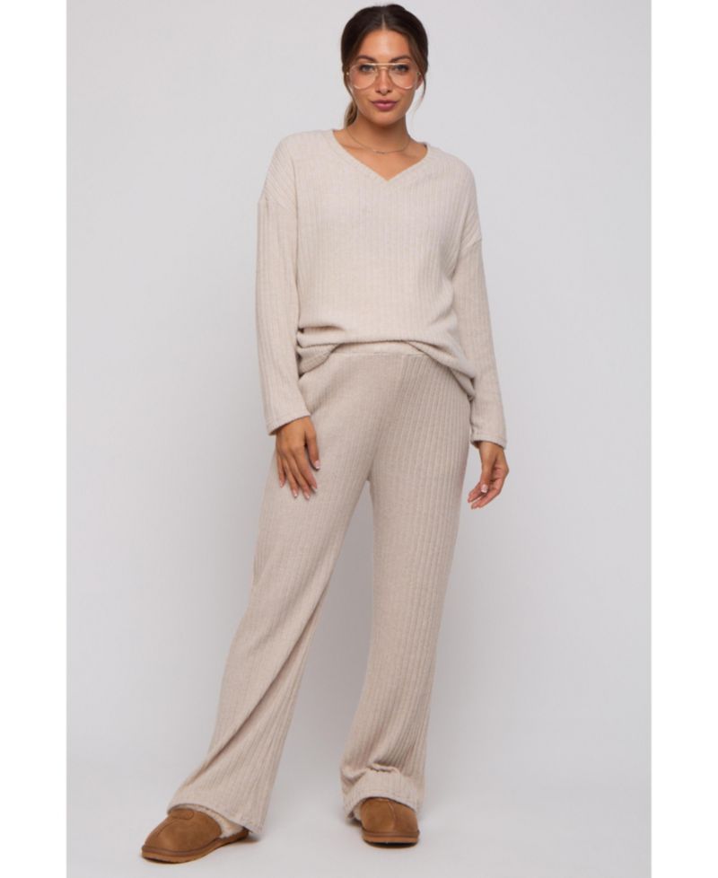 Women's Light Blue Ribbed Soft Knit Long Sleeve Pajama Set