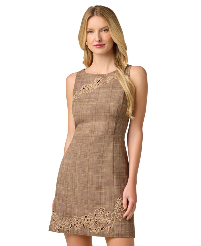 Women's Metallic Plaid Floral Embroidered Sleeveless Dress