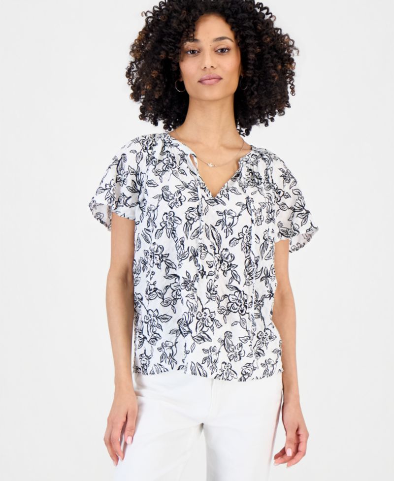Women's Split-Neck Flutter-Sleeve Top