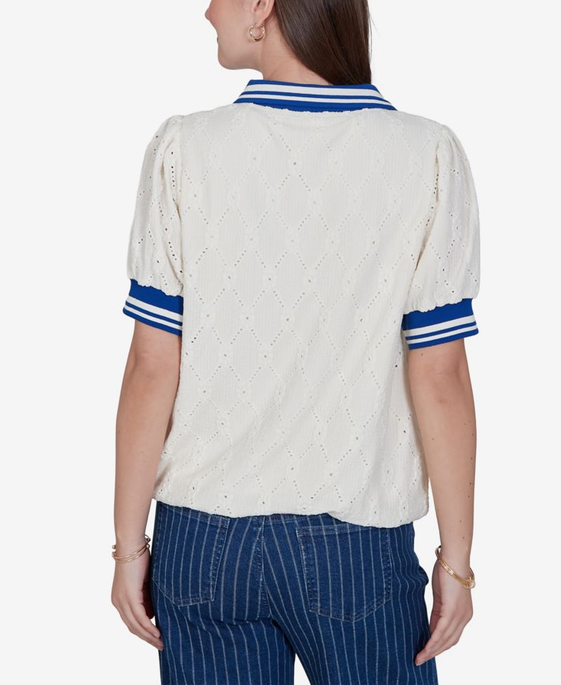 Petite Diamond-Eyelet Bubble-Hem Polo