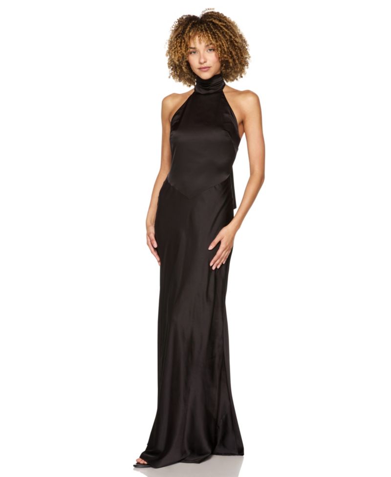 Juniors' Halter-Neck Satin Back-Neck Tie Gown