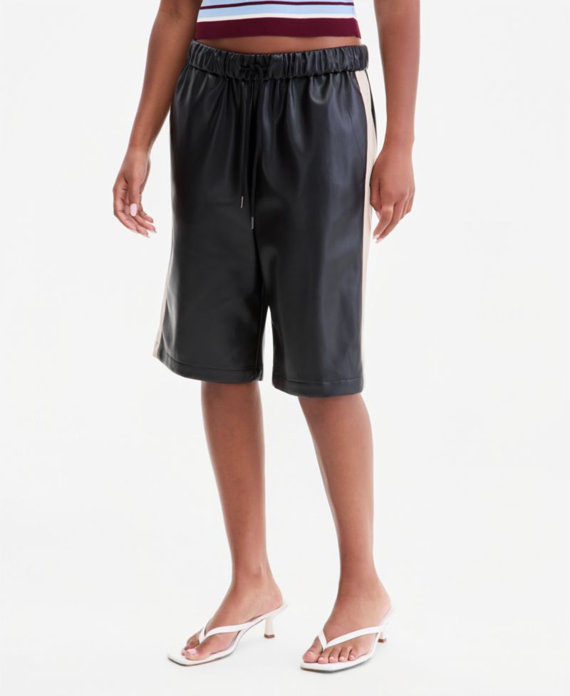 Women's Faux-Leather Side-Stripe Bermuda Shorts