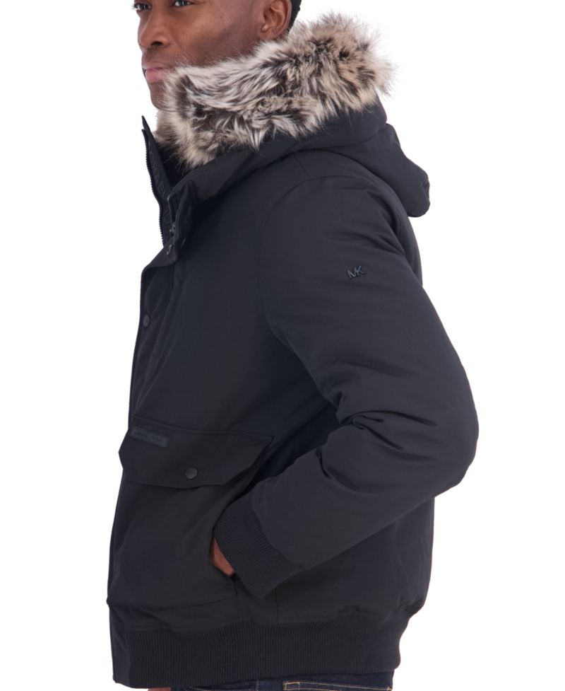 Men's Faux-Fur-Trim Quilted-Bib Hooded Bomber Jacket