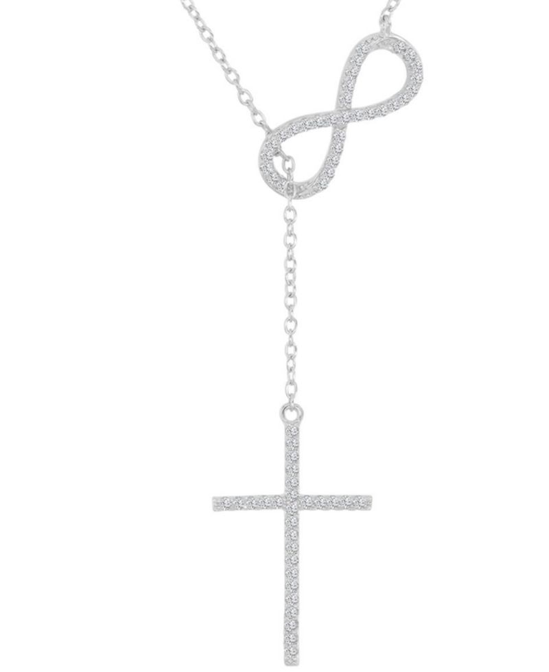 Cubic Zirconia Infiniti and Cross Y-Neck Necklace in Sterling Silver