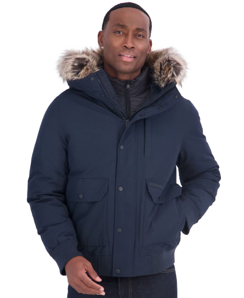 Men's Faux-Fur-Trim Quilted-Bib Hooded Bomber Jacket
