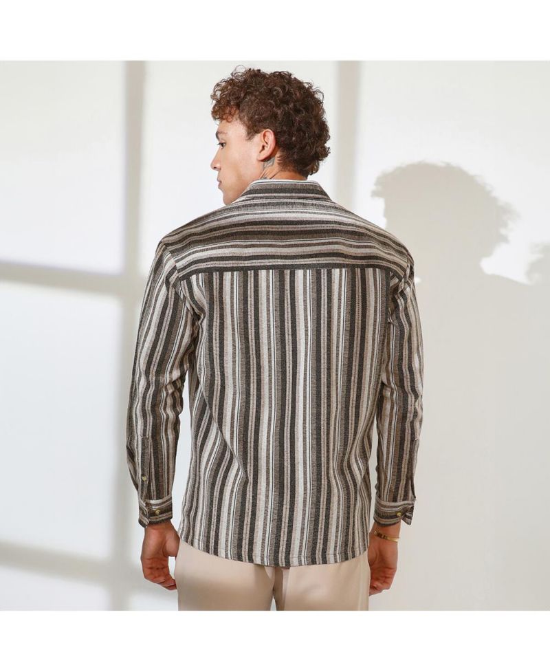 Men's Taupe Brown & Sepia Brown Multitrack Striped Oversized Shirt