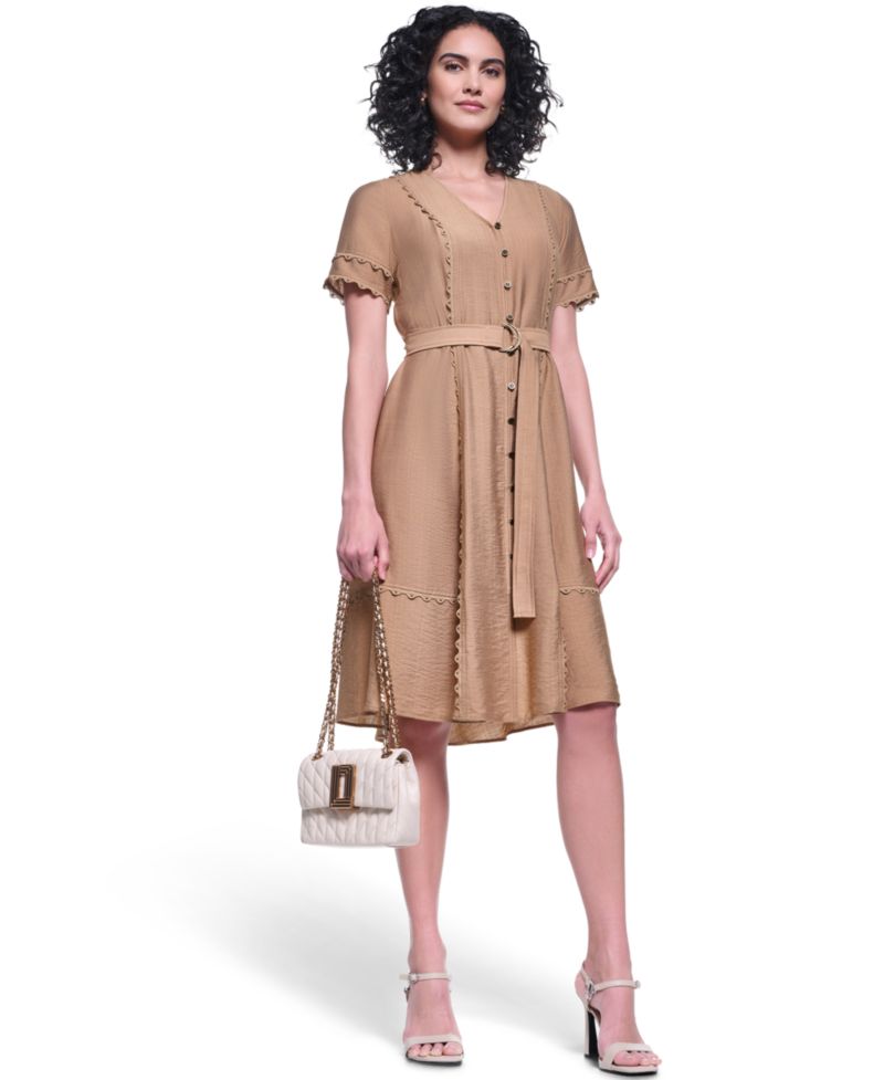 Women's Belted Nailhead Trim V-Neck Dress