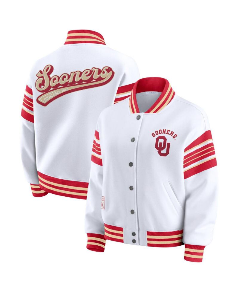 Women's White/Crimson Oklahoma Sooners Satin Stitch Full-Snap Fleece Sweatshirt Jacket