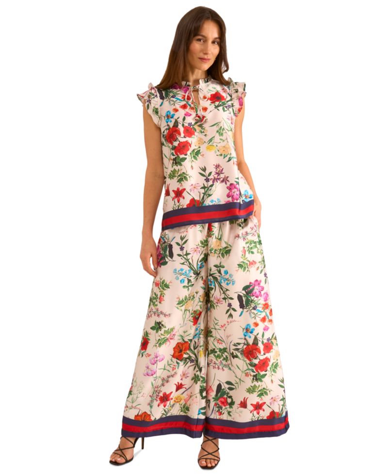 Women's Satin Floral-Print Ruffled Sleeve Top