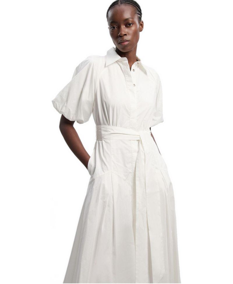 Women's Cotton Puff Sleeve Midi Shirt Dress