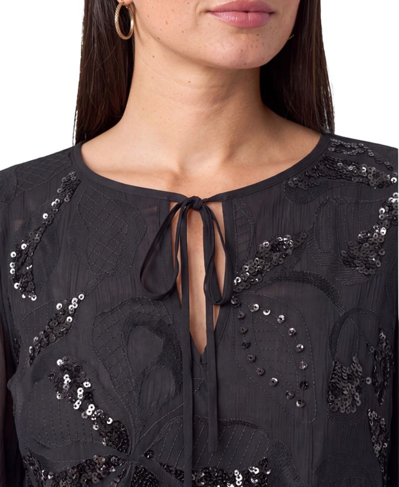 Women's Floral-Embroidered Tie-Front Blouse