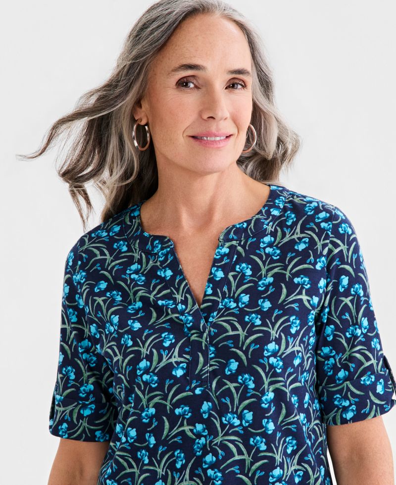 Women's Printed Split-Neck Elbow-Sleeve Tunic