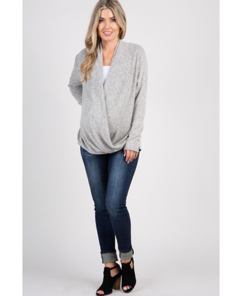 Maternity Beige Knit Draped Wrap V-Neck Nursing Top
