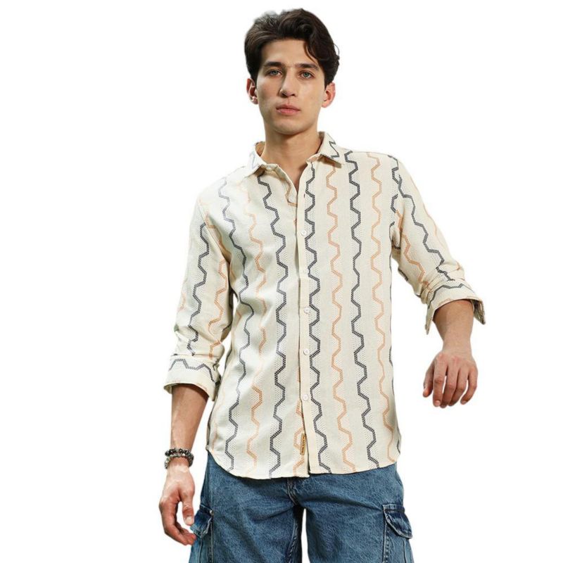 Men's Off White Zigzag Pattern Full Sleeve Cotton Blend Shirt
