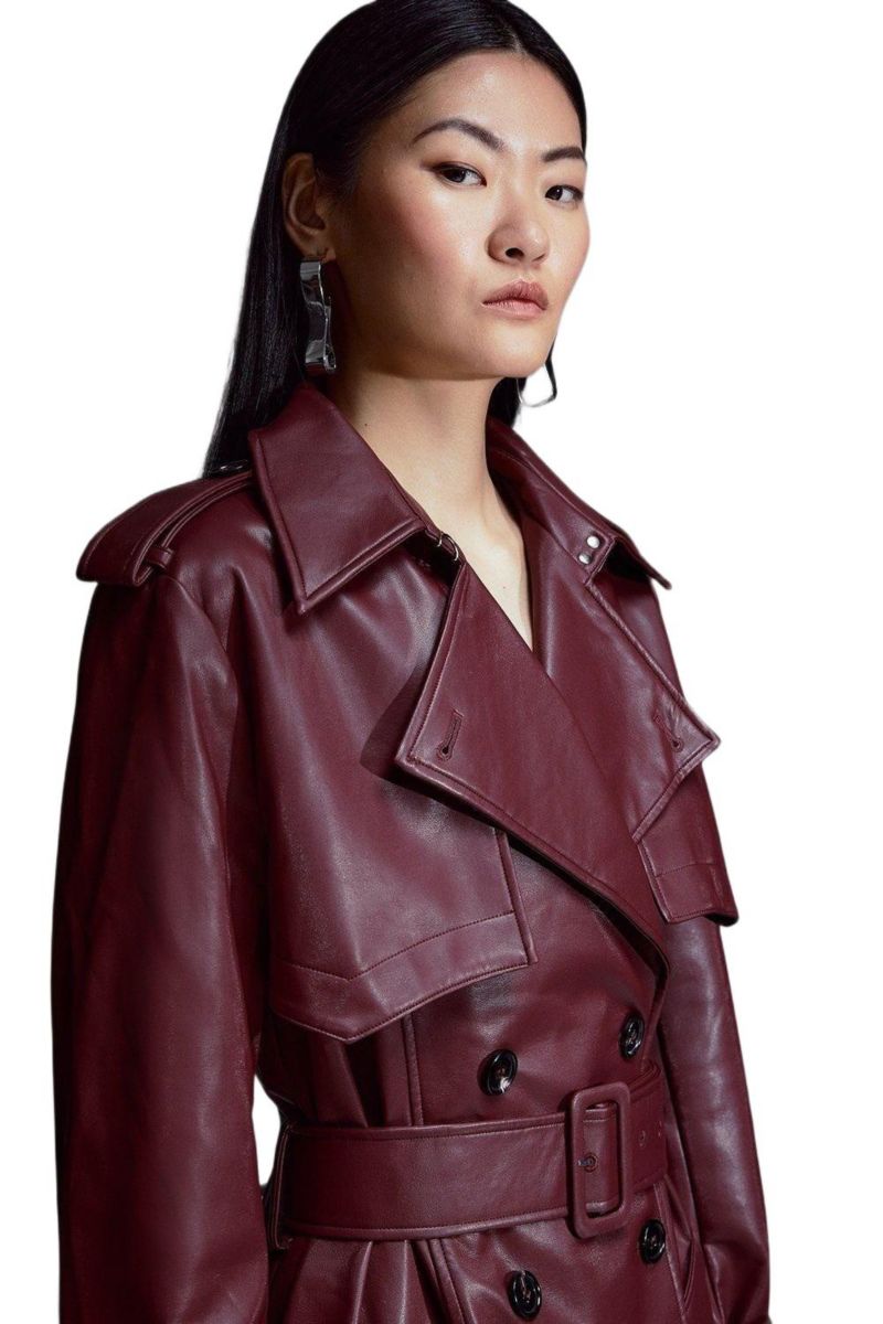 Women's Tailored Faux Leather Belted Trench Coat