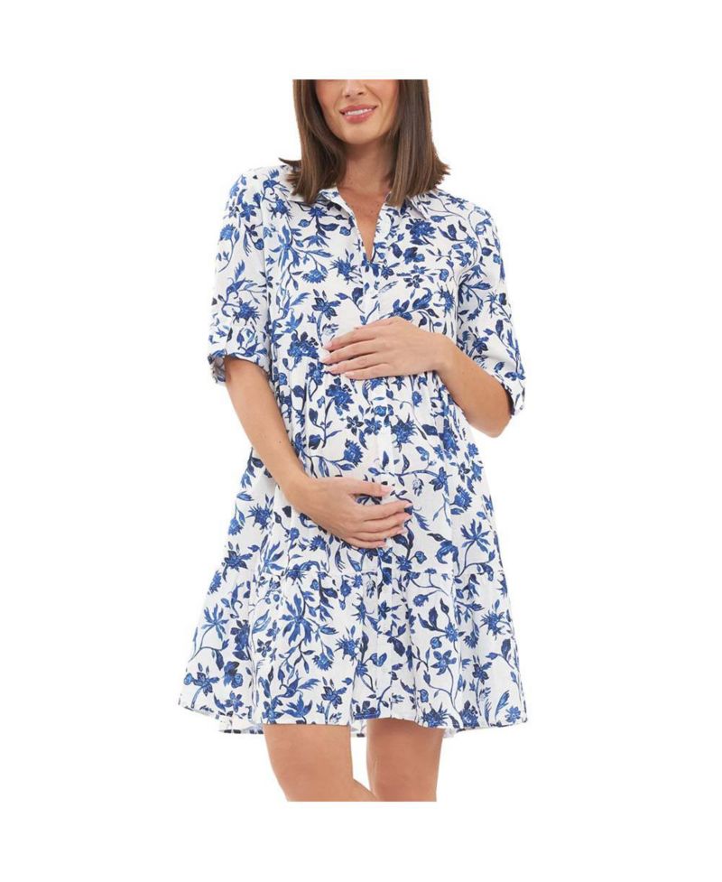 Bella Button Through Linen Dress White/Lapis