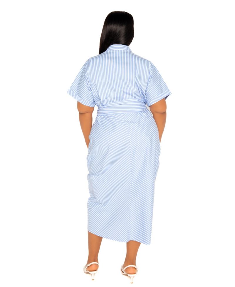Women's Plus Size Tie Waist Stripe Shirt Dress