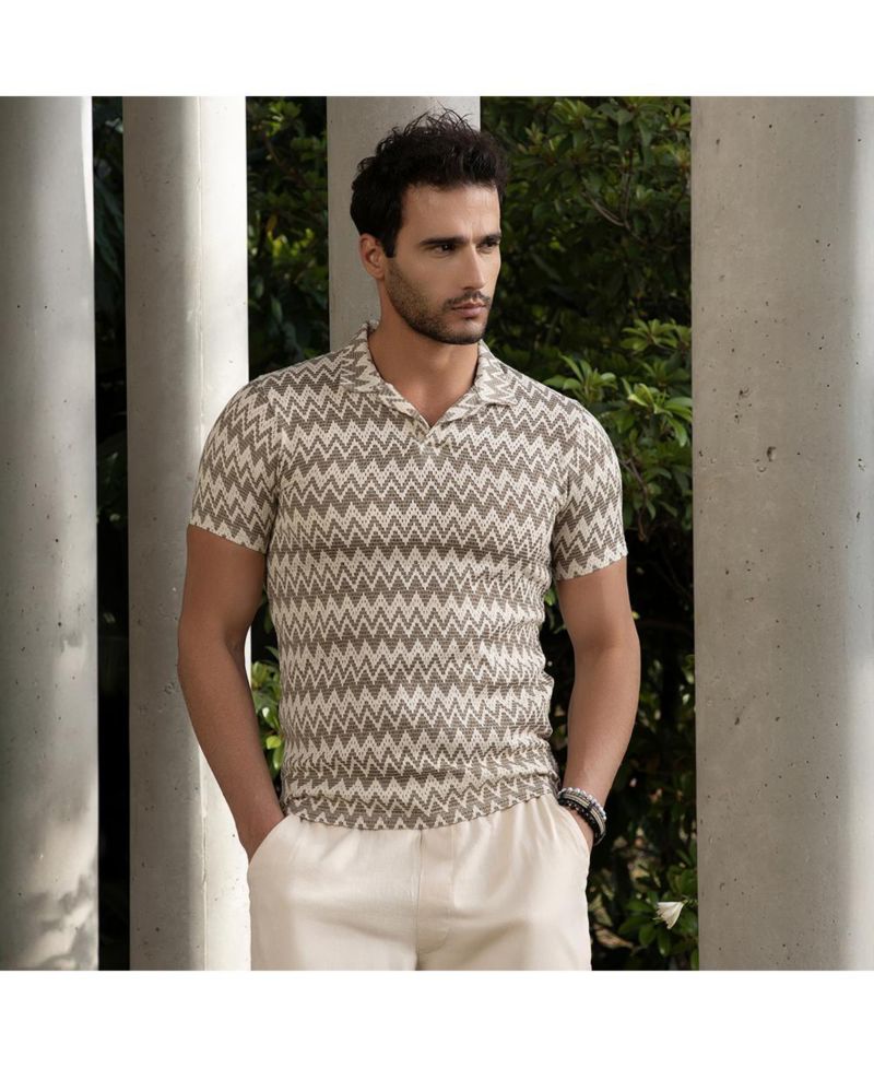 Men's French Beige and Off White Zig-Zag Knit Polo T-Shirt