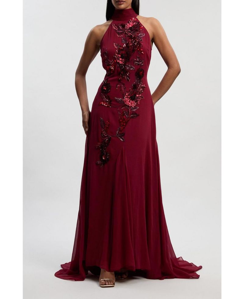 Women's Feather Halter Maxi Dress