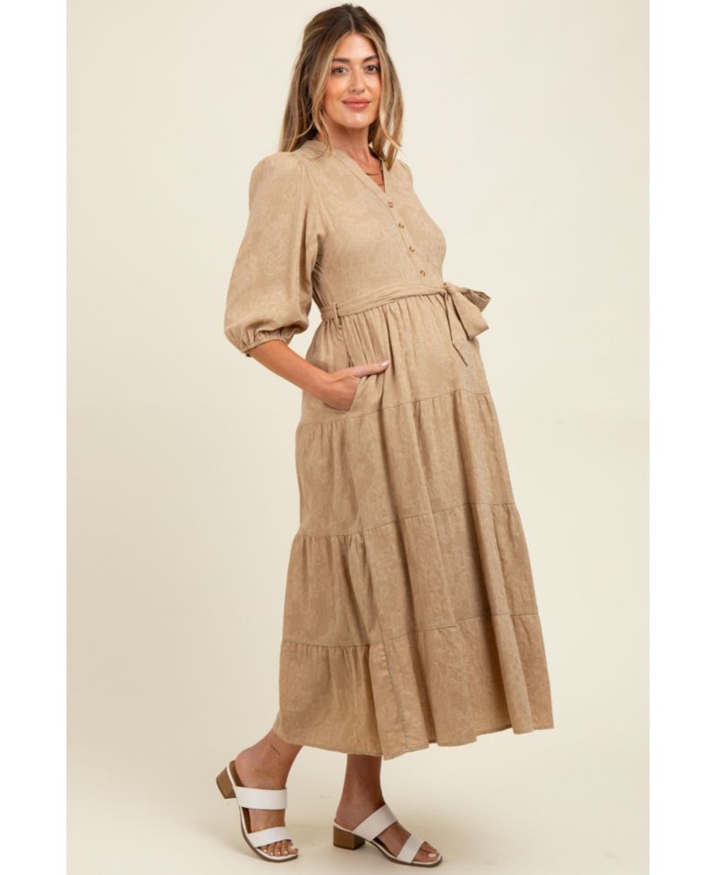 Women's Forest Green Floral Jacquard Button Front Tiered Dress