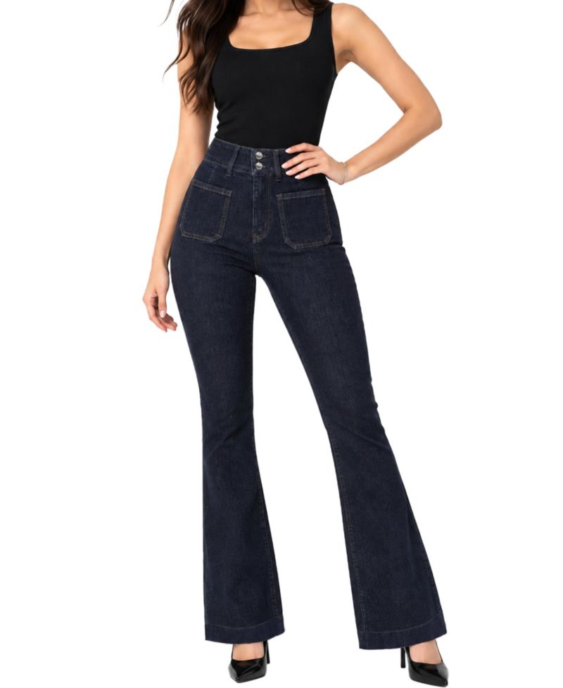 Women's Dark Rinse Tummy Control Bootcut Jean with Back Patch Pocket Embroidery Detail