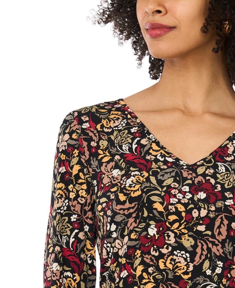 Women's Floral-Print V-Neck 3/4 Sleeve T-Shirt