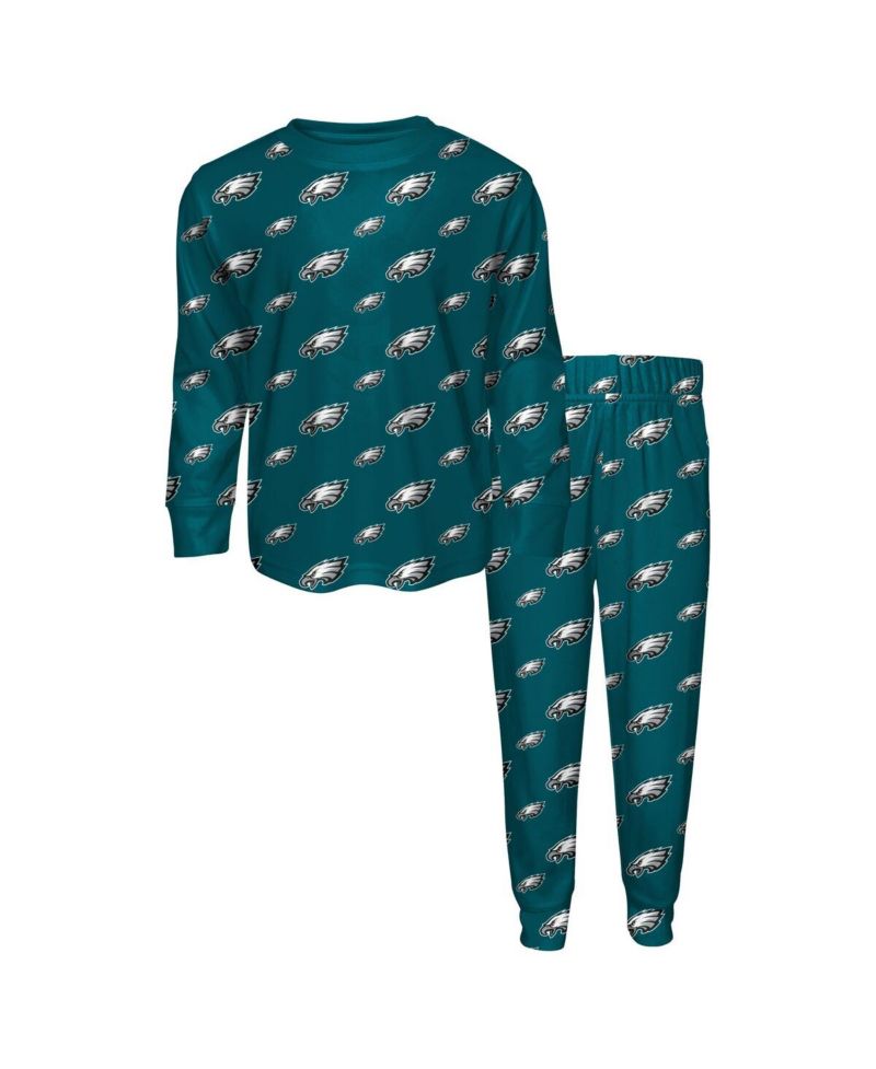 Big Boys and Girls 2-Piece Midnight Green Philadelphia Eagles All-Over-Print Long Sleeve T-Shirt and Pants Sleep Set