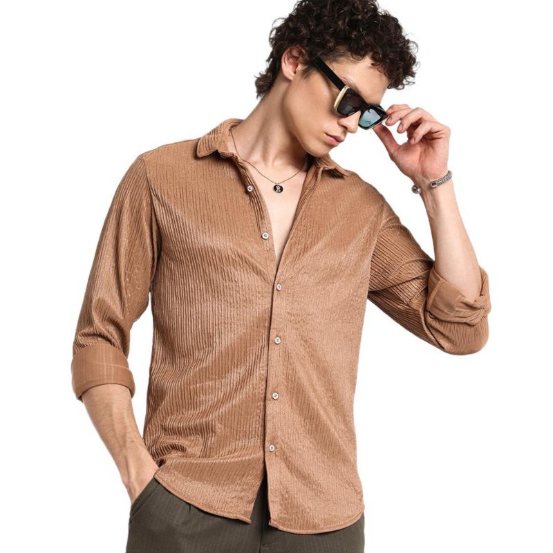 Men's Camel Beige Solid Creased Shirt