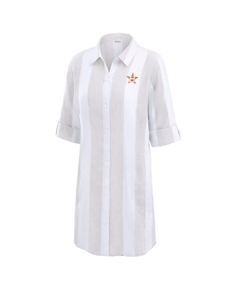 Women's Khaki Houston Astros Rugby Beach Boyfriend Full-Button Top