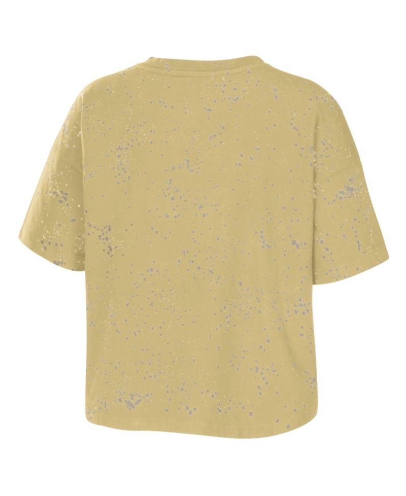 Women's Tan Colorado Buffaloes Bleach Wash Splatter Cropped Notch Neck T-Shirt
