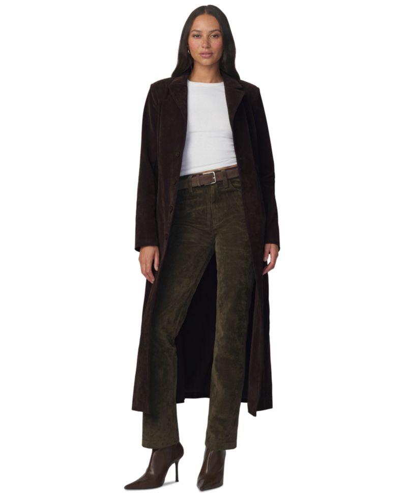 Women's Collared Belted Faux-Suede Long Coat
