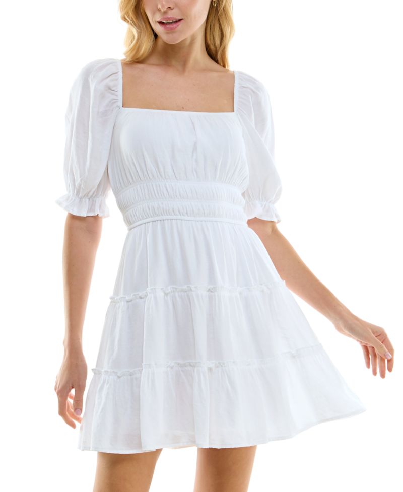 Juniors' Tiered Puff Sleeve Fit & Flare Dress