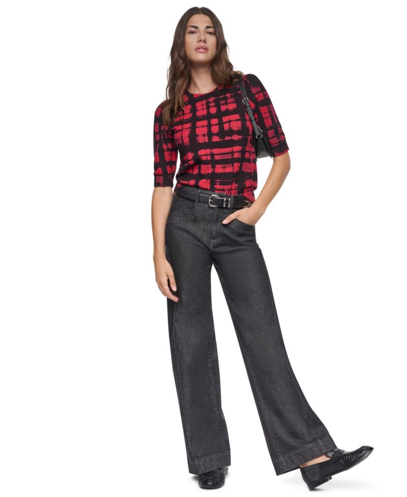 Women's Plaid Elbow-Sleeve Pullover Sweater