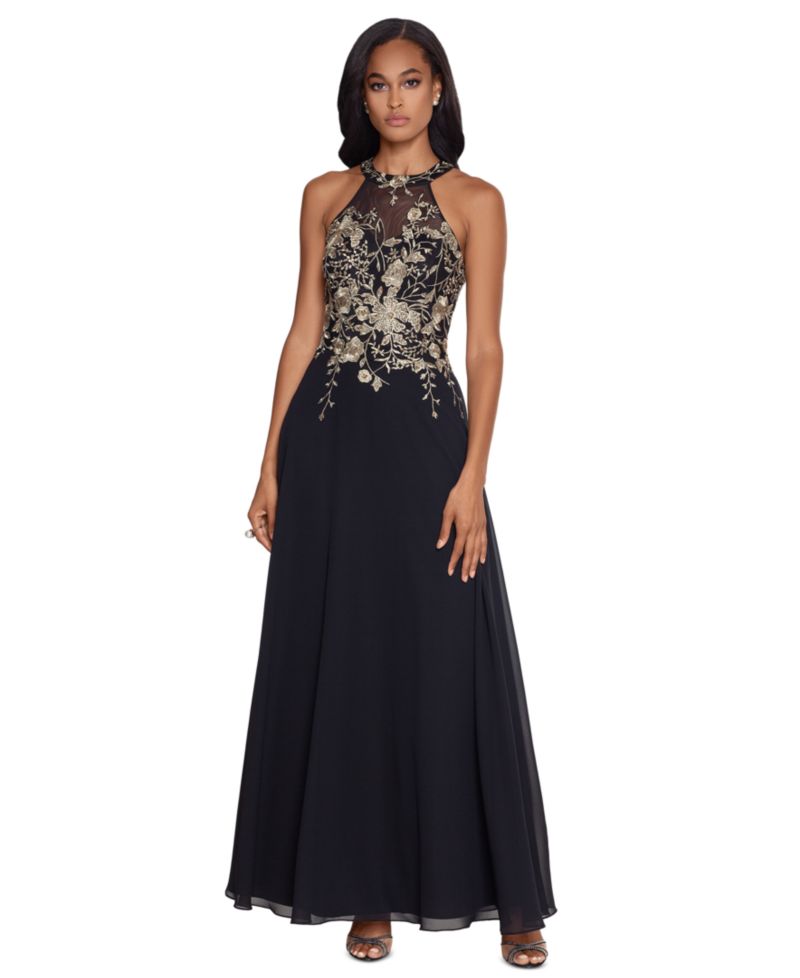 Petite Sleeveless Floral-Appliqu&eacute; Illusion Gown