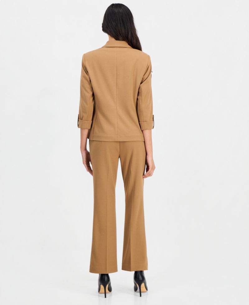 Petite 3/4-Sleeve One-Button Blazer, Printed Elbow-Sleeve Split-Neck Top & Pull-On Straight-Leg Pants