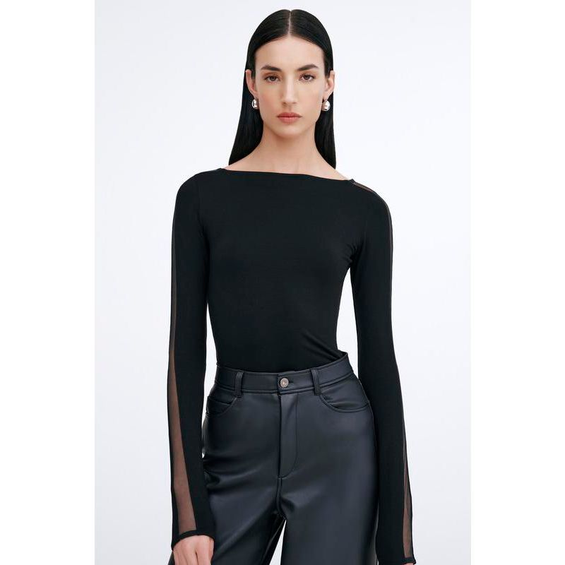 Women's Illa Boat-Neck Fitted Jersey Top with Sheer Mesh Sleeves